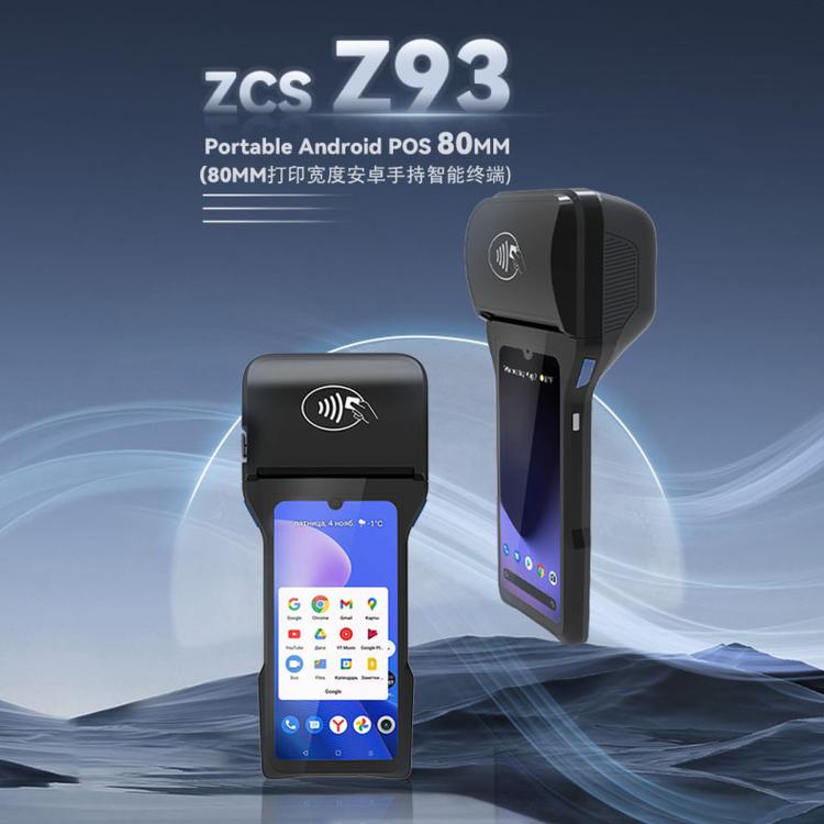 Handheld Android POS terminal with black body and side grip; shows screen