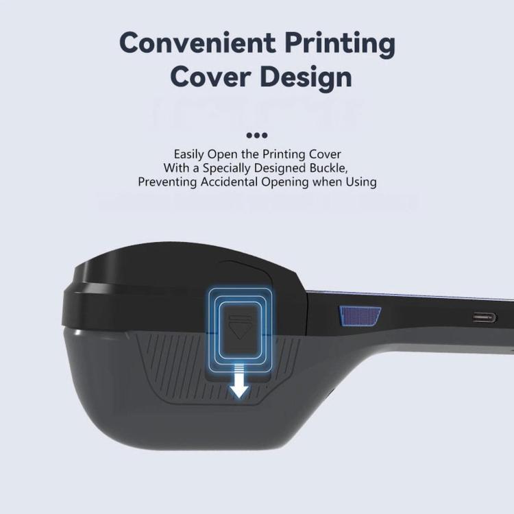 Black POS terminal with open printing cover design near receipt outlet