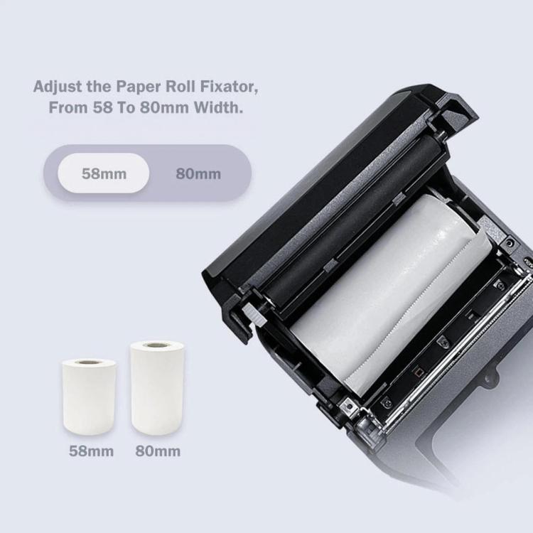 Black POS terminal with open printer roll compartment; shows 58mm/80mm roll sizes