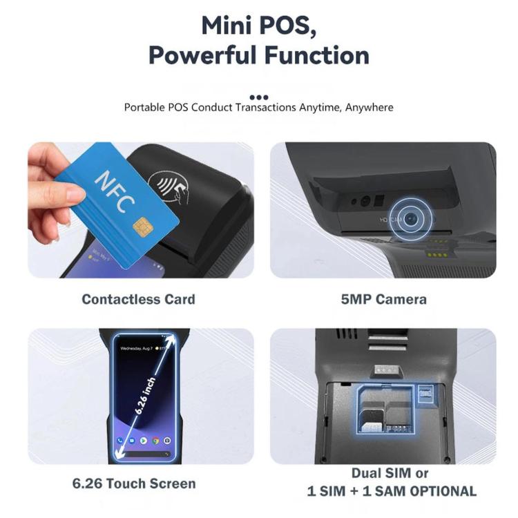 Handheld POS terminal with NFC card contactless area, 6.26in touch screen