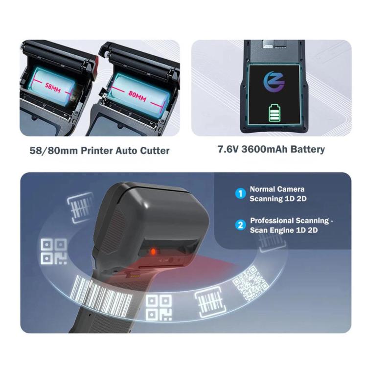 Handheld POS terminal showing receipt printer auto cutter and 7.6V 3600mAh battery
