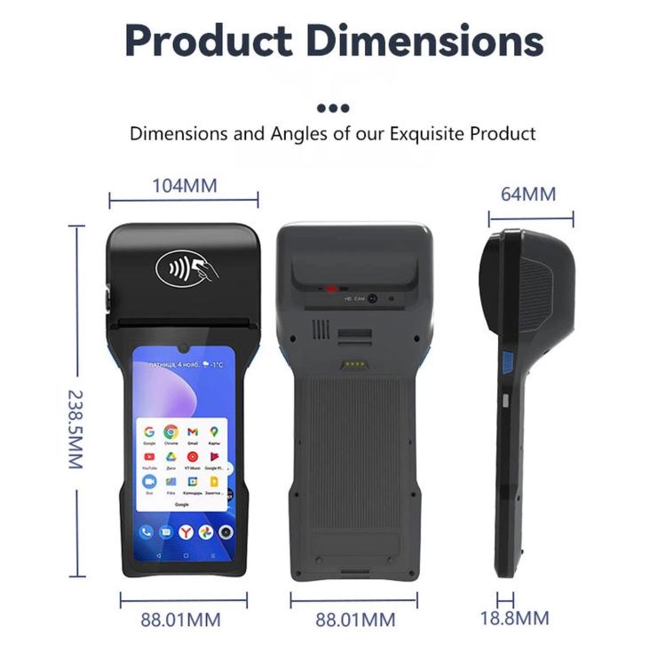 Black handheld POS terminal product dimension views: front, back, and side profile
