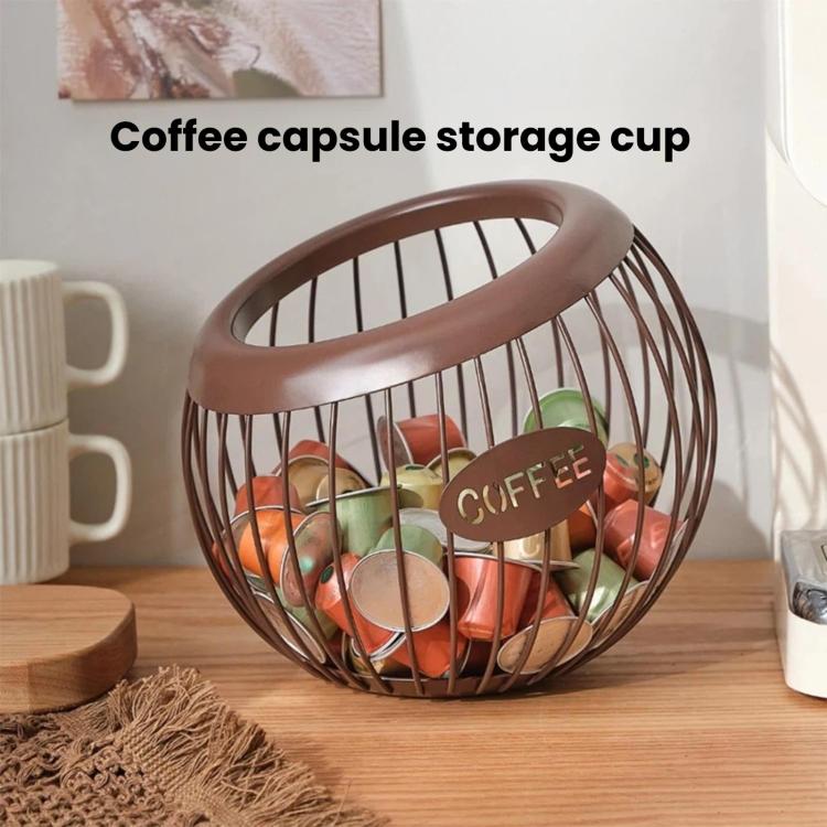 Brown coffee capsule storage cup with oval handle, wire sides, and “COFFEE” tag