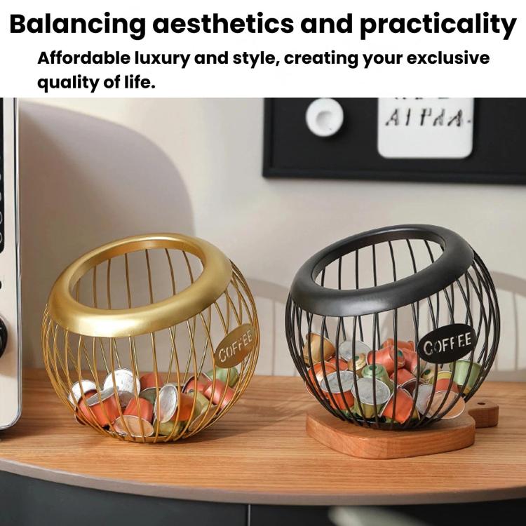 Gold and black coffee capsule storage racks with oval handles and wire sphere design