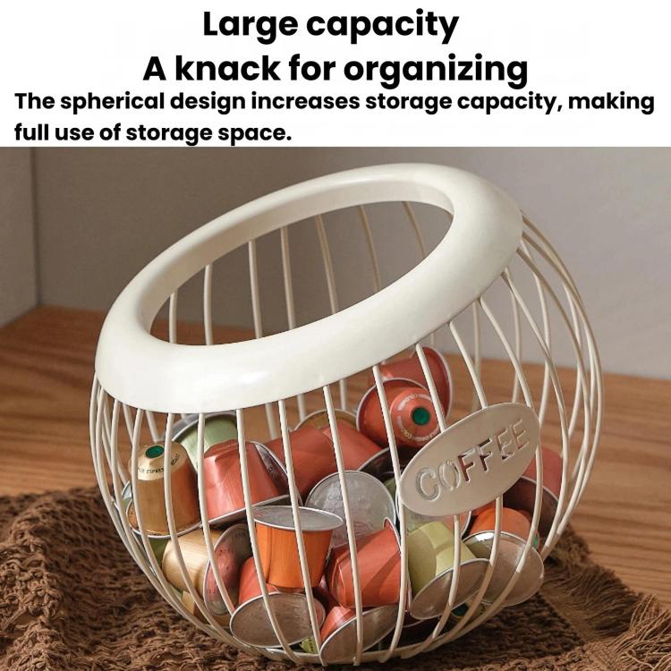 White coffee capsule storage rack with oval handle and wire basket