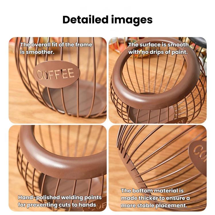 Close-up details of coffee capsule storage rack handle, wire frame, and base
