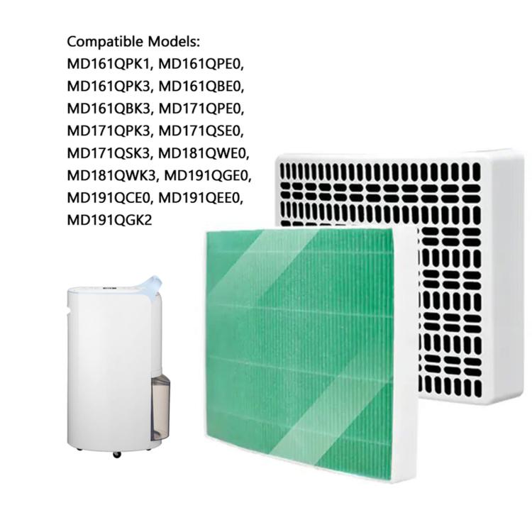 Green pleated dehumidifier filter with white vented outer case