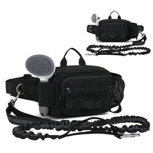 Black dog walking waist pack with water bottle holder and attached leash strap