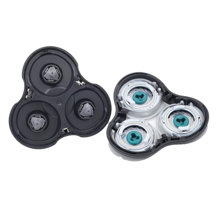 Shaver head replacement set, black holder with three foil cartridges, front and back view