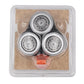 Three shaver head replacements in blister packaging, silver foil cartridges with orange tab