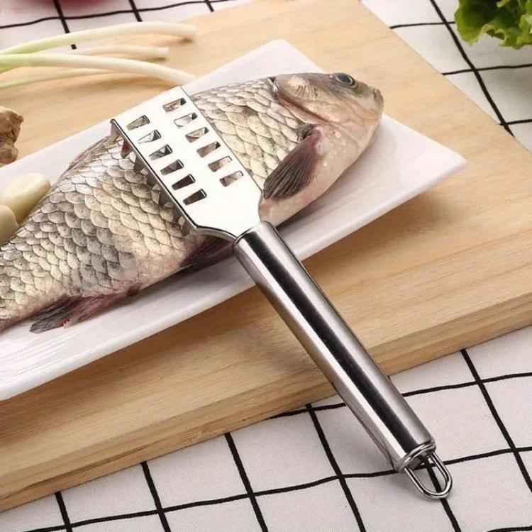 Stainless steel fish scaler square scraper tool with handle, on a cleaned fish