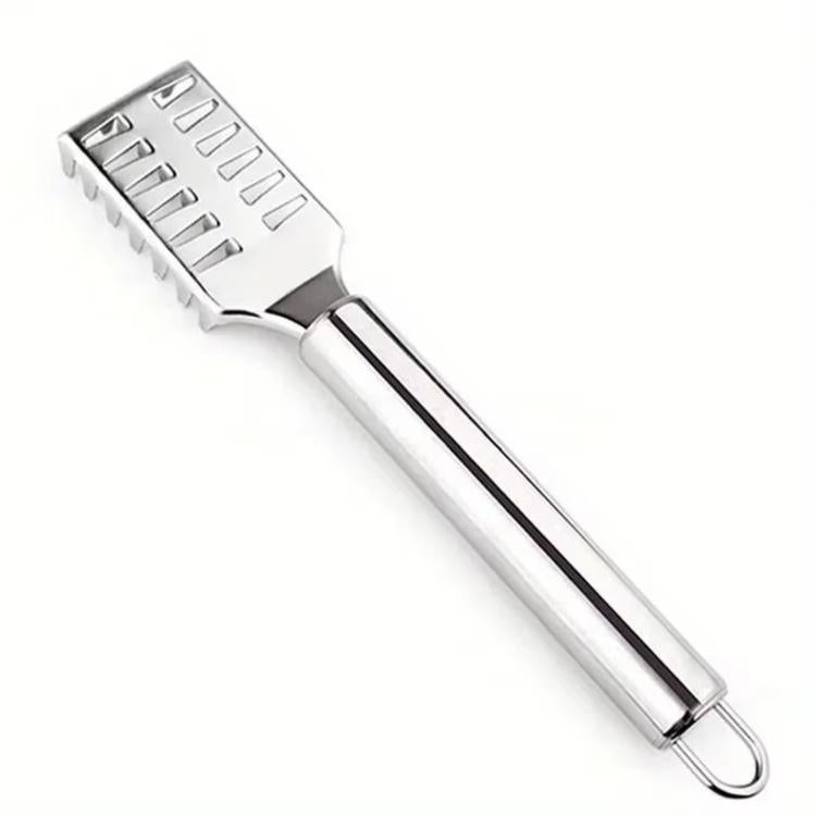 Stainless steel fish scaler with square head and rows of scraping teeth, chrome finish