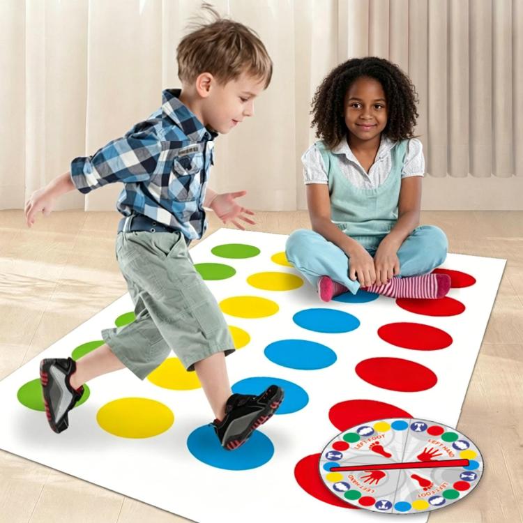 Interactive dance mat with colorful circular foot pads and a spinning wheel on the mat