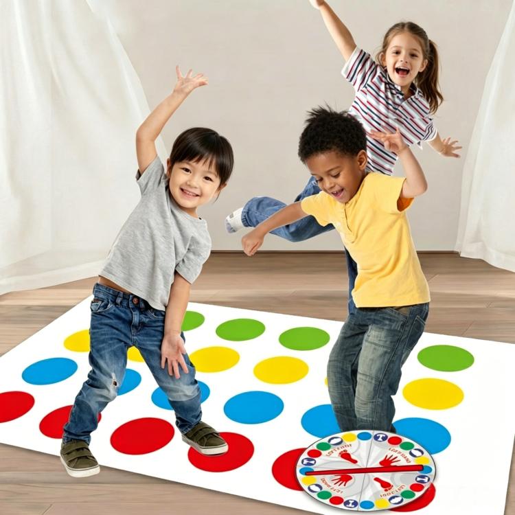 Interactive dance mat with colorful foot pads and spinning wheel, kids playing