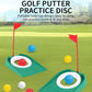 Portable golf putter disc with two cup targets and practice balls on a mat