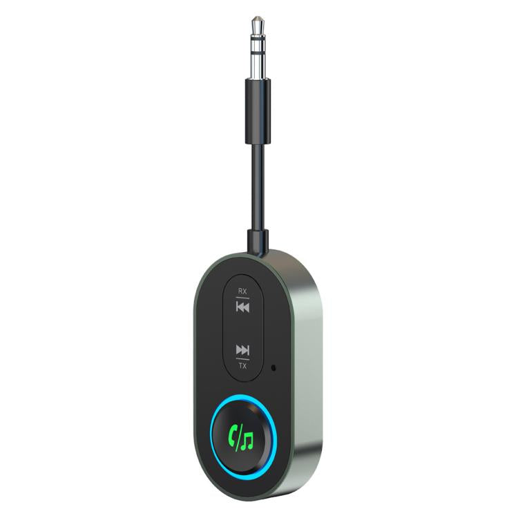 Bluetooth AUX audio adapter with 3.5mm jack, RX/TX buttons, and LED status ring