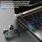Bluetooth audio adapter connecting laptop AUX to wireless headphones, LED ring on device