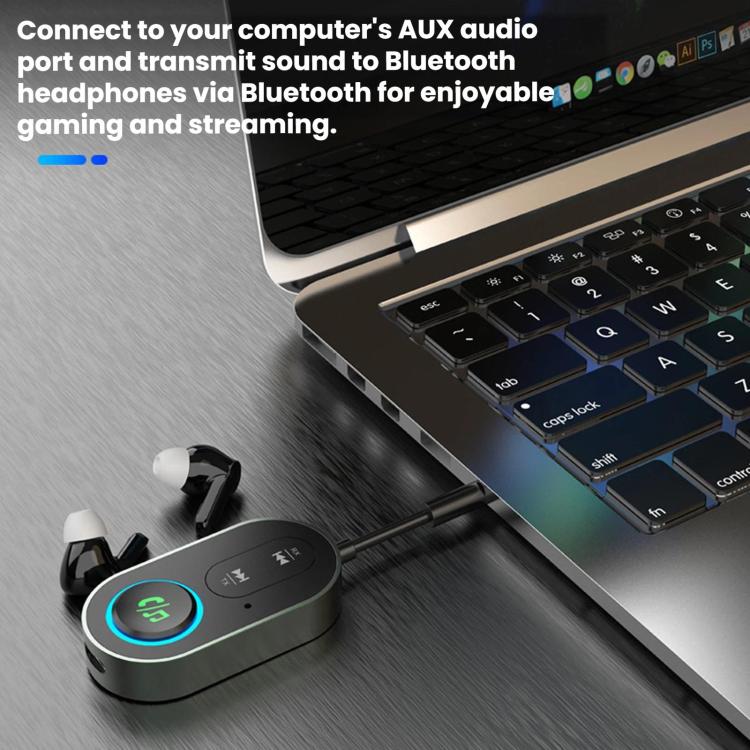 Bluetooth audio adapter connecting laptop AUX to wireless headphones, LED ring on device