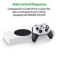 Game console and black-and-white controller on a white base