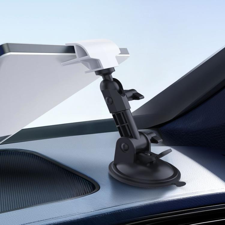 White dashboard car mount with suction base and adjustable arm for mini device