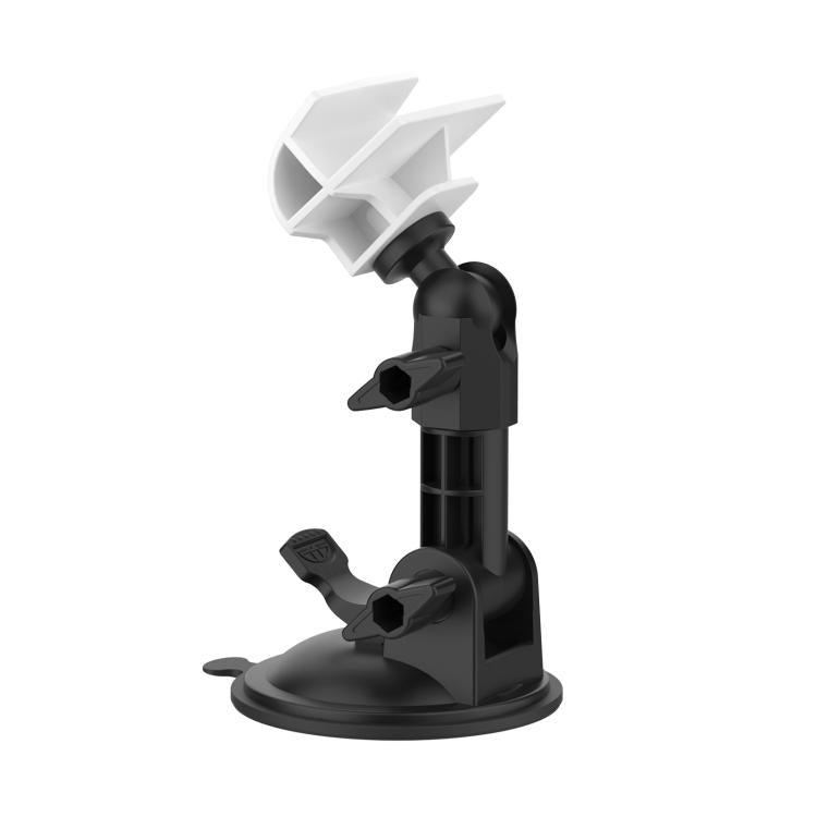 White-and-black adjustable suction cup car mount with cradle for mini device