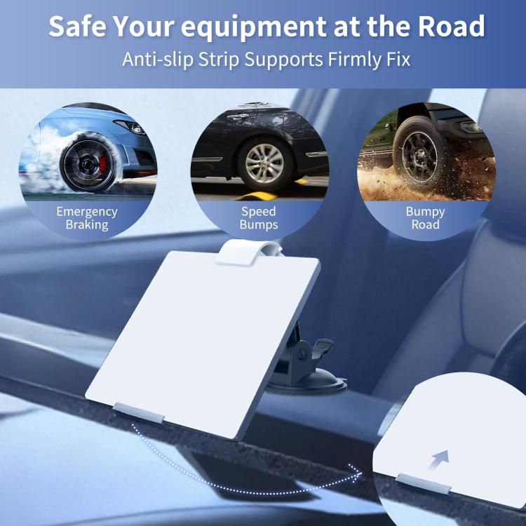 White adjustable dashboard mount with suction base and cradle for mini device