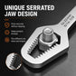 Serrated self-tightening jaw of an adjustable double-ended wrench
