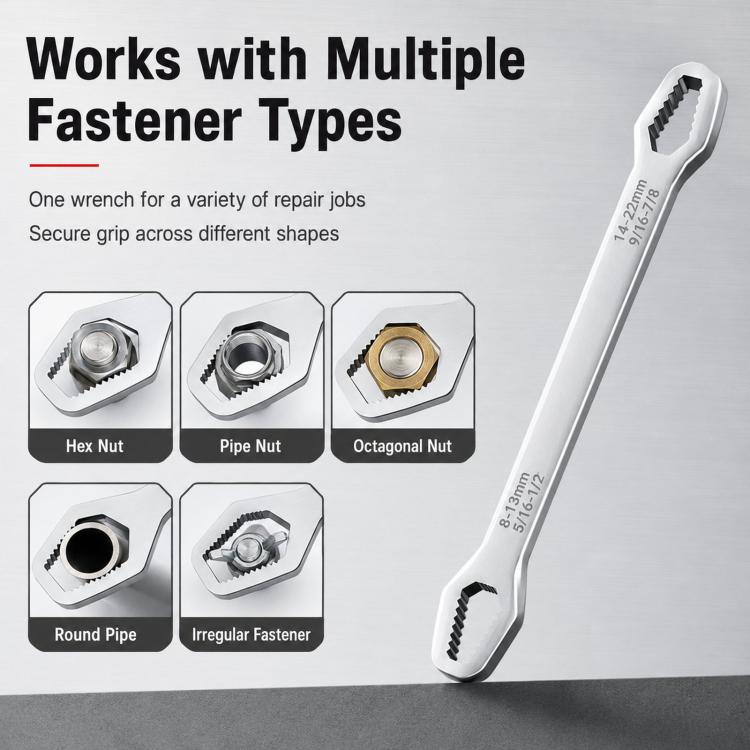 Double-ended wrench with serrated jaw tips for hex, octagon, and round nuts