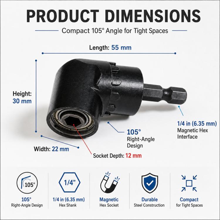 Black 105° right-angle drill adapter with compact angled head and 1/4 in hex interface