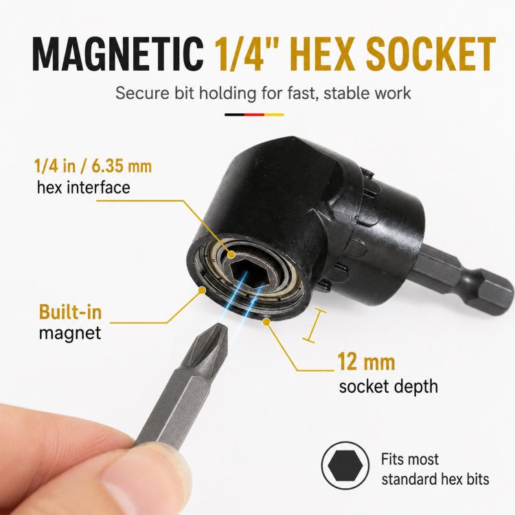 Black magnetic 1/4 in hex socket right-angle drill adapter, compact 105° head