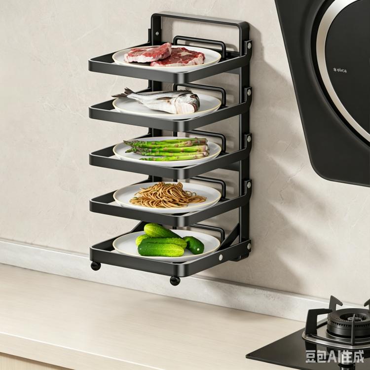 Black 4-tier foldable food prep rack with four trays and raised guard