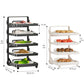 Foldable 4-tier and 5-tier food prep racks shown with dimensions, black and white