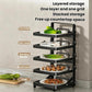 Foldable 4-tier black food preparation rack with layered shelves for counter storage