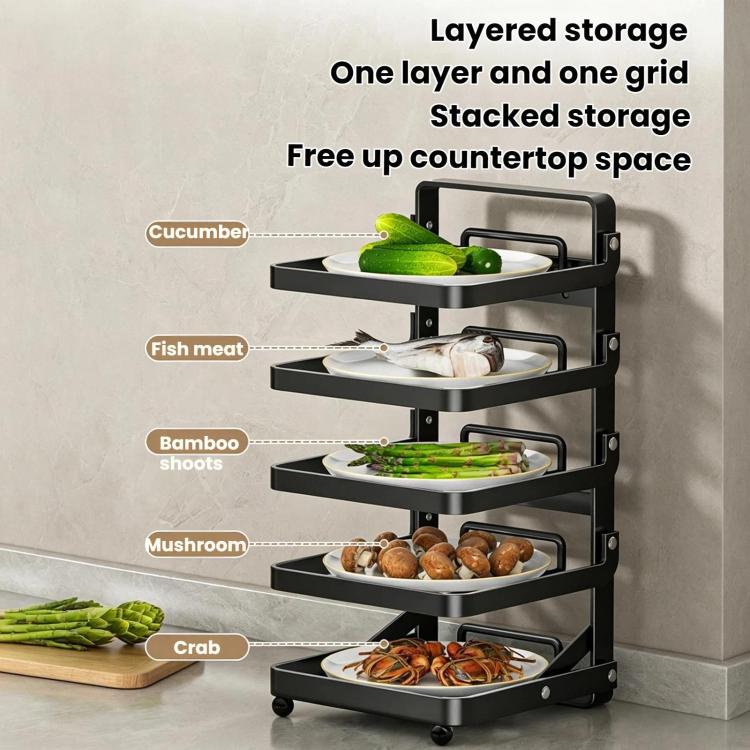 Foldable 4-tier black food preparation rack with layered shelves for counter storage