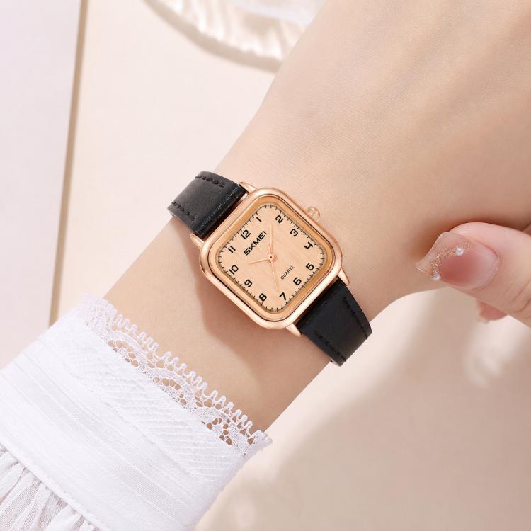 Ladies square quartz watch with rose gold-tone case and black leather strap