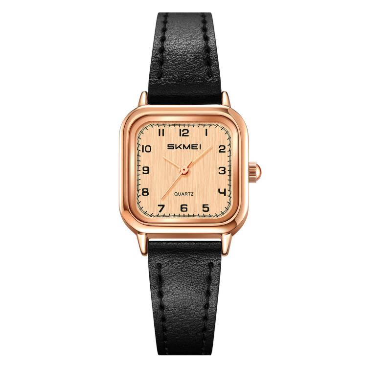 Ladies square quartz watch with rose gold-tone case and black leather strap
