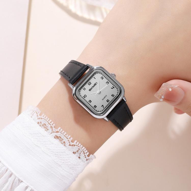 Ladies square quartz watch with silver-tone case and black leather strap