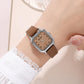 Ladies square quartz watch with silver-tone case and brown leather strap
