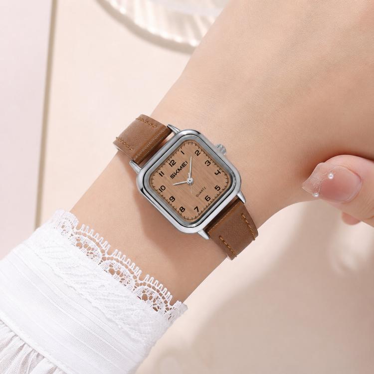 Ladies square quartz watch with silver-tone case and brown leather strap