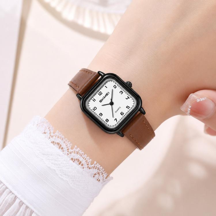 Ladies square quartz watch with black case and brown leather strap