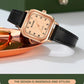 Ladies square quartz watch with rose gold-tone case and black leather strap