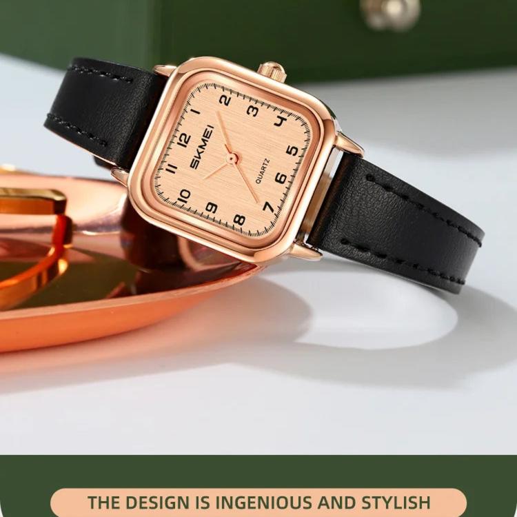 Ladies square quartz watch with rose gold-tone case and black leather strap