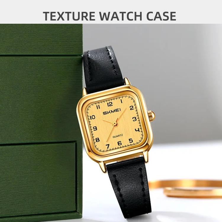 Ladies square quartz watch with gold-tone case and black leather strap