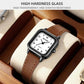 Ladies square quartz watch with black-tone case and brown leather strap