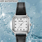 SKMEI square ladies quartz watch with silver case, white dial, and black leather strap