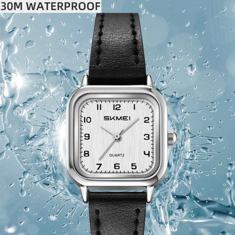 SKMEI square ladies quartz watch with silver case, white dial, and black leather strap
