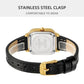 SKMEI square ladies quartz watch with gold-tone case and black leather strap, buckle clasp