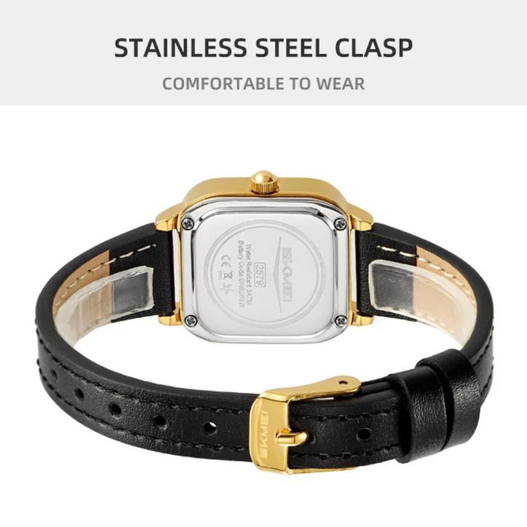 SKMEI square ladies quartz watch with gold-tone case and black leather strap, buckle clasp
