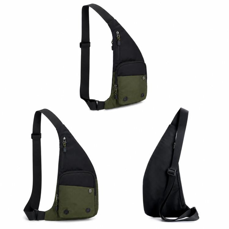 Color-block waterproof crossbody chest bag, black with olive front panel and zip.