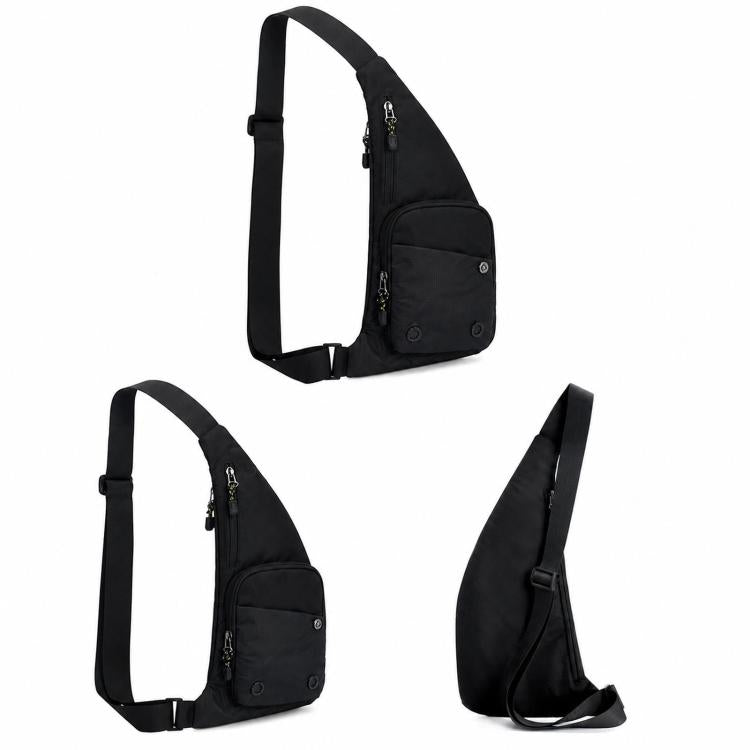 Waterproof crossbody chest bag with dark front pocket, adjustable strap, zip closures.